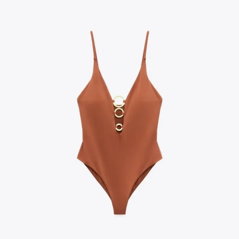 ZARA LIMITED EDITION GEOMETRIC PIECE SWIMSUIT IN TAUPE BROWN